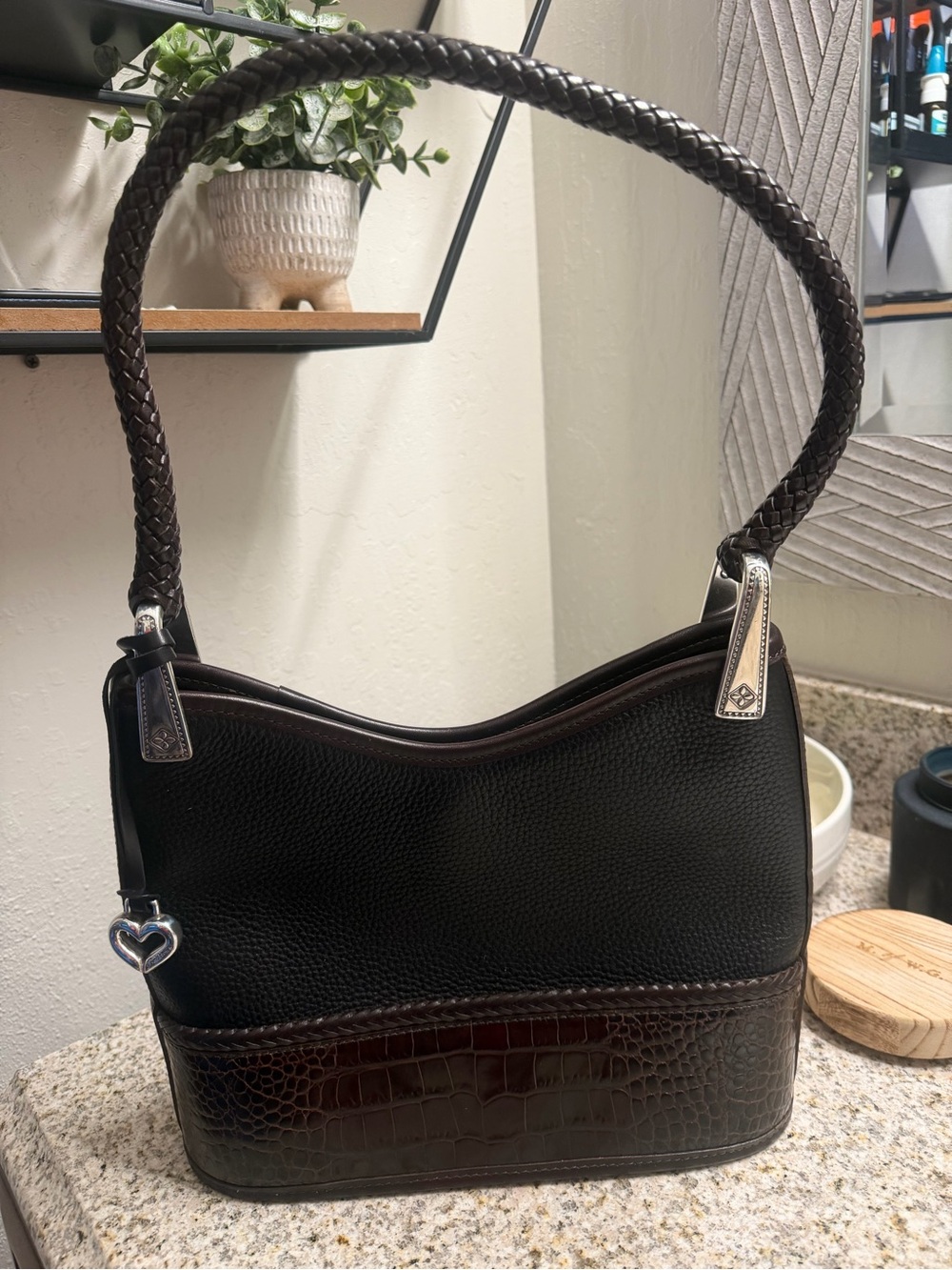 Brighton VTG New Women's Black and Dark Brown Shoulder Bag - Braided Handle